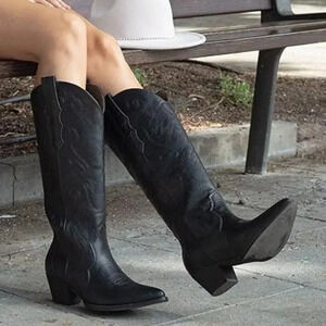 Black Cowboy Boots for Women Embroidered Cowgirl Boots Knee-High Western Boots